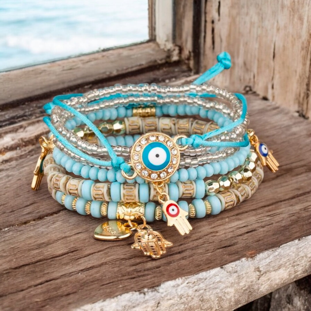 Jamila Accesories 6-piece Boho Beach Hamsa Hand Charm Bracelet Set