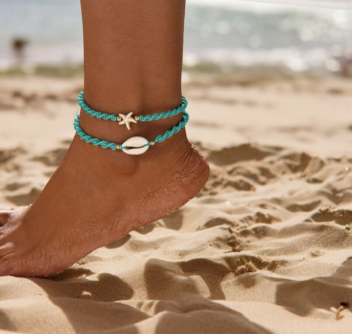 Jamila Accessories 2pc Bohemian Turquoise Starfish & Natural Shell Pendant Anklet