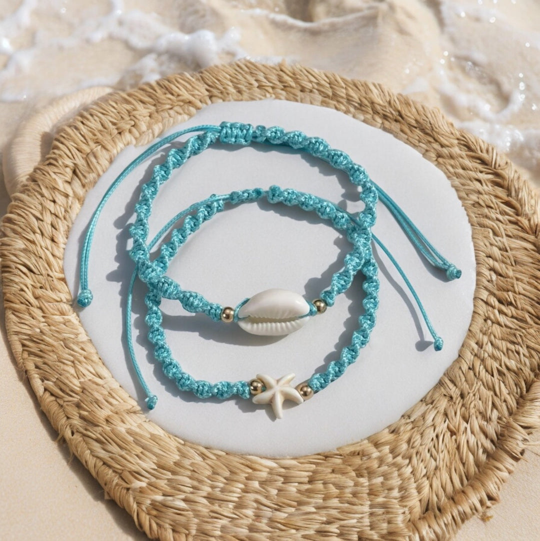 Jamila Accessories 2pc Bohemian Turquoise Starfish & Natural Shell Pendant Anklet